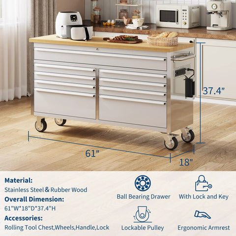 61 Inch Heavy Duty Rolling Tool Chest And Workbench With 15 Drawers, Solid Rubber Wood Top, Lockable Wheels, Built-In Power Outlets And USB Ports, Drawer Liners, Great For Garage, Workshop, And Warehouse Storage Solutions, 61-inch stainless steel tool chest with wood top and wheels