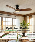 52 Inch Smart Flush Mount Low Profile Outdoor Ceiling Fan With Lights Dope Quiet DC Motor Alexa Built In App Remote Control Six Speed Dimmable Three Wood Blades For Patio Dark Walnut