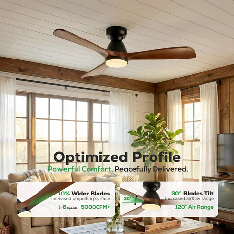 52 Inch Smart Flush Mount Low Profile Outdoor Ceiling Fan With Lights Dope Quiet DC Motor Alexa Built In App Remote Control Six Speed Dimmable Three Wood Blades For Patio Dark Walnut