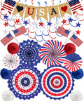 Patriotic Decorations Bundle for Veterans Day and Fourth of July with paper fans, pompoms, USA flags, and Love USA banner.