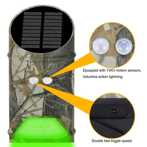 Heavy Hitter Solar Game Feeder Lights with vibrant green motion detection, showing two sensors and camouflage design.
