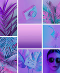 Collage of gradient purple aesthetic with leaves, retro camera, cocktail, cassette, and woman with sunglasses, artistic theme.