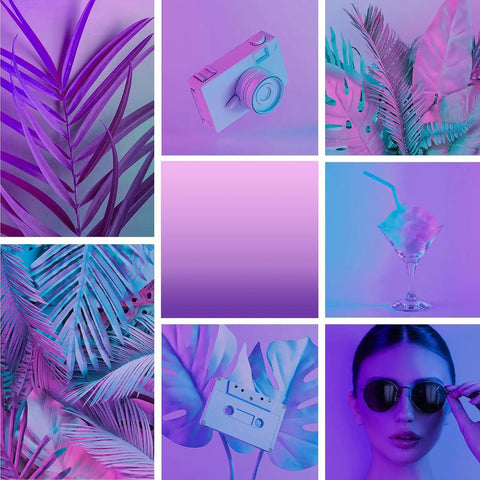 Collage of gradient purple aesthetic with leaves, retro camera, cocktail, cassette, and woman with sunglasses, artistic theme.