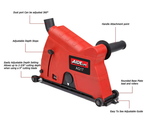 Dust Collector Attachment And Cutting Dust Shroud For Angle Grinders 7 Inch And 9 Inch Captures 95 Percent Of Dust Easy To Install Vacuum Compatible Hose Size 26mm To 39mm Keeps Your Job Site Cleaner And Safer, showing dust port and adjustable depth stops.