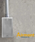 No Nonsense Utility Electrical Junction Box And Blank Cover Combo Gritty Galvanized Steel Drawn Body on a concrete wall.