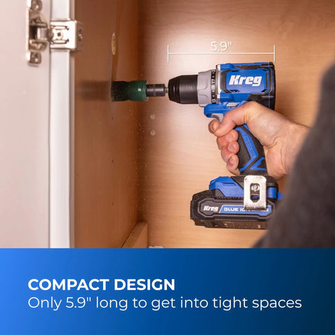 Top Shelf 20 Volt Cordless Compact Power Drill With Kicksome Torque And One Half Inch Keyless Chuck For Tough Diy Chores Variable Speed Switch Plus Dual Range Gearbox And Bright Led Work Lamp Badass Bare Tool Setup held in hand, showcasing its compact 5.9" design for tight spaces.