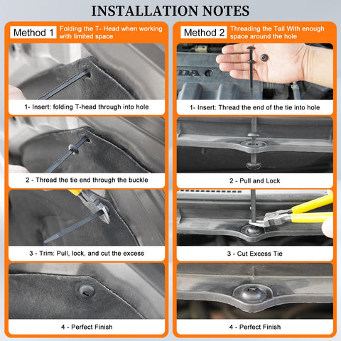 Installation instructions for Heavy Duty Nylon Universal Zip Tie Buckles For Cars with two methods shown step by step.