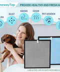 Woman holding dog near True HEPA Replacement Filter Set For Home Air Purifier 4 Stage System With Carbon Pre Filter display.