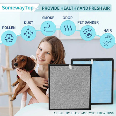 Woman holding dog near True HEPA Replacement Filter Set For Home Air Purifier 4 Stage System With Carbon Pre Filter display.