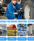 Mechanic working on truck tire with diverse industrial sectors like garages, farms, factories, breweries shown below