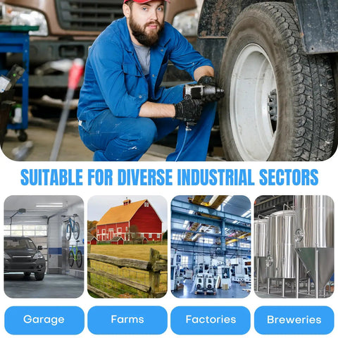 Mechanic working on truck tire with diverse industrial sectors like garages, farms, factories, breweries shown below