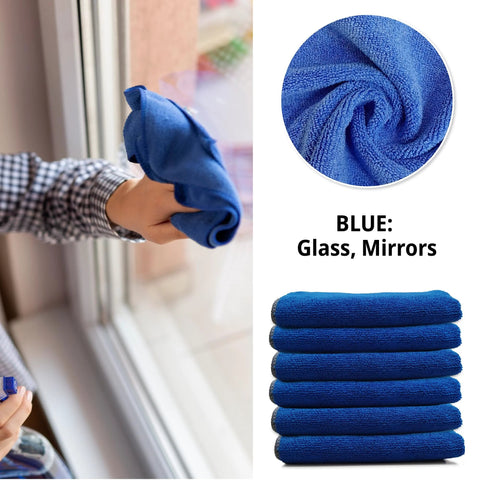 EvaClean blue microfiber cleaning cloths; hand wiping glass, close-up of fabric texture, stack of five towels
