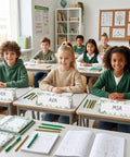Students in classroom with 48 Pcs Tented Desk Nameplates Set For Students, 9 By 3 Inch Eucalyptus Style Reusable Name Tags displayed.