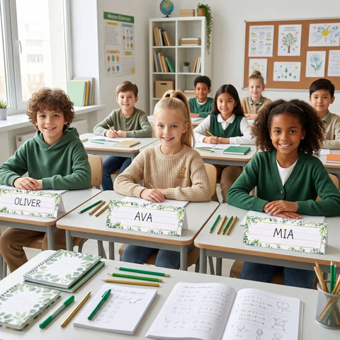Students in classroom with 48 Pcs Tented Desk Nameplates Set For Students, 9 By 3 Inch Eucalyptus Style Reusable Name Tags displayed.