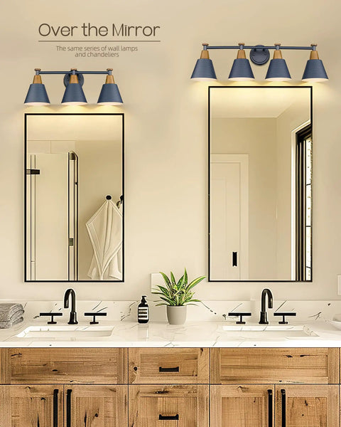 4 Light Bathroom Vanity Light Fixture With Hammered Metal Shade Finish In Dark Blue over double mirrors in modern farmhouse bathroom.