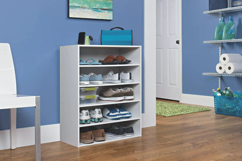 Five Shelf Stackable Shoe Organizer For Closets, White Laminate, Dope Space Saver That Holds Up To Ten Pairs in blue room setting