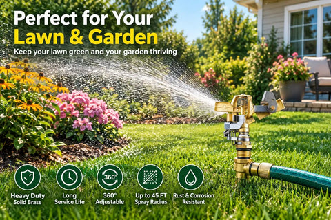 Half Inch Brass Impact Sprinkler Head Built Tough As Nails With Zinc Free Solid Brass Housing And Rugged Stainless Steel Parts For Rock Solid Yard Watering Up To Forty Five Foot Radius watering garden flowers.