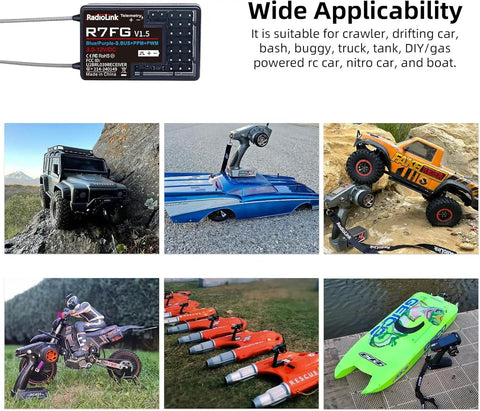 7 Channel RC Gyro Receiver With Real Time Voltage Telemetry, Water Splash Proof shown with various RC cars and boats