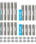 M6 double-ended stainless steel studs with flange nuts, 20-pack, assorted 50–80mm lengths, front view