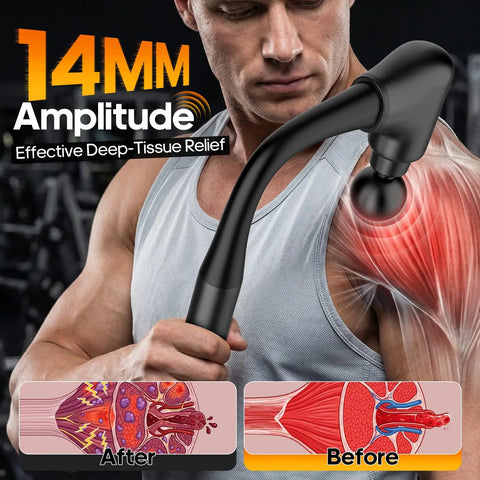 Man using Deep Tissue Percussion Massage Gun With Heat And Extended Handle For Easy Self Massage 10 Speeds And 7 Massage Heads Portable Back Neck Shoulders Leg Muscle Relief Great Fathers Day Gift For Him Home Gym Recovery