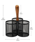 Utensil Holder And Silverware Organizer Caddy For Kitchen With Three Compartments, Portable Wooden Handle, Open Mesh Metal Design, Black