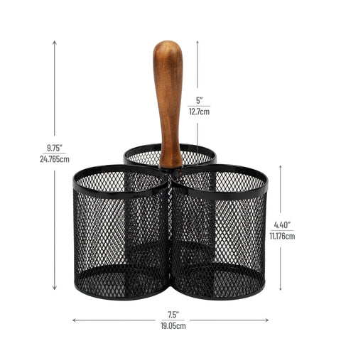 Utensil Holder And Silverware Organizer Caddy For Kitchen With Three Compartments, Portable Wooden Handle, Open Mesh Metal Design, Black
