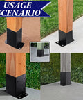 Railing Post Base 4x4 Real Size 3.5x3.5 5 Pack Black With Screws shown in various outdoor settings with wooden posts.