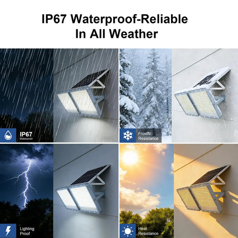 Two Pack 300W Solar Flood Lights Outdoor Security Lamps With 24,000 Lumens LED, IP67 Waterproof Dusk To Dawn in weather conditions
