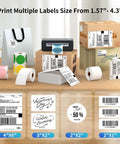Slick Wireless Bluetooth Thermal Printer For Quick 4X6 Shipping Label Runs is shown with various label sizes on a workspace.