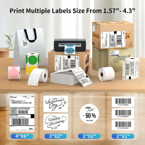 Slick Wireless Bluetooth Thermal Printer For Quick 4X6 Shipping Label Runs is shown with various label sizes on a workspace.