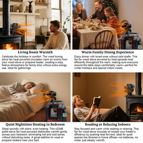 Heat Powered Wood Stove Fan With Bracket 6 Blade Thermoelectric Aluminum Fireplace Vent Silent Operation For Pellet Stoves Indoor Outdoor Black Heat Distribution For Warmth No Electric Low Noise Design Bracket Mounting Included Camping Accessory displayed in indoor settings showing warmth distribution and quiet operation.