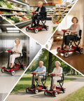 Red four-wheel mobility scooter with padded seat and vertical steering, shown in store, home, and park