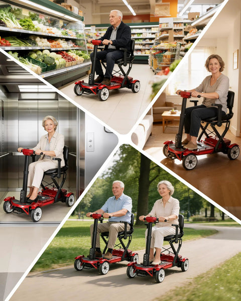 Red four-wheel mobility scooter with padded seat and vertical steering, shown in store, home, and park