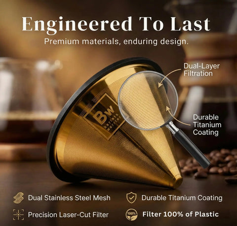 Reusable Stainless Steel Pour Over Coffee Filter for Chemex and Hario V60 Drippers, dual-layer mesh, gold titanium coated