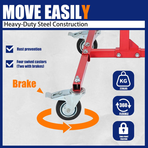 Heavy Duty Adjustable Car Door Installer And Remover Jack Lift Hoist With Swivel Base For Automotive Repair Shop Tools showing four swivel casters.