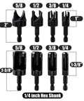 Eight Piece Wood Plug Cutter Set Hex Shank with various sizes 2 inch down to 1/4 inch, designed for precise wood drilling.