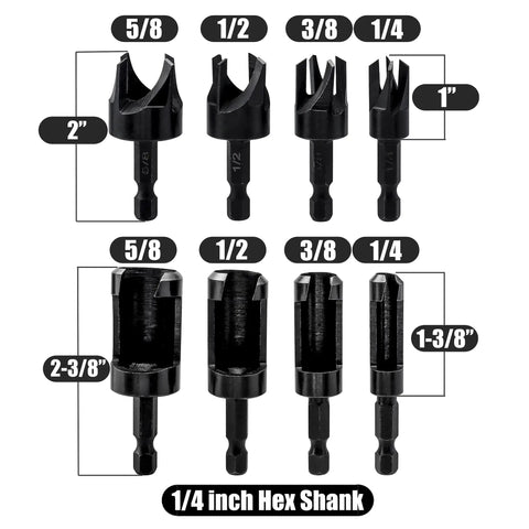 Eight Piece Wood Plug Cutter Set Hex Shank with various sizes 2 inch down to 1/4 inch, designed for precise wood drilling.