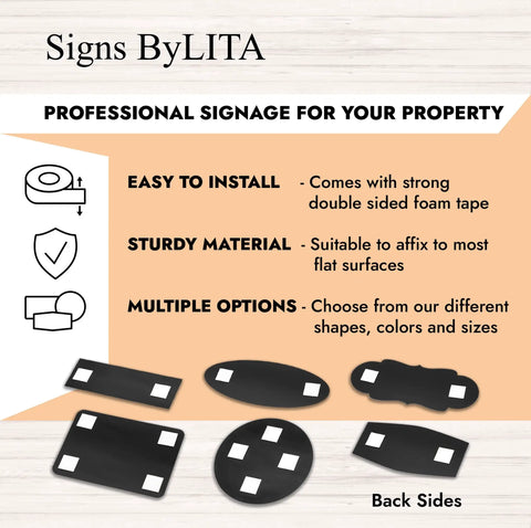 Custom Plastic Wall And Door Sign Personalized Text For Home Office Business With Easy Install Instructions and Shapes Displayed