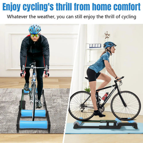 Cyclists using Whisper Quiet Indoor Bike Trainer With Foldable Stand For Road And Mountain Bikes at home on premium rollers