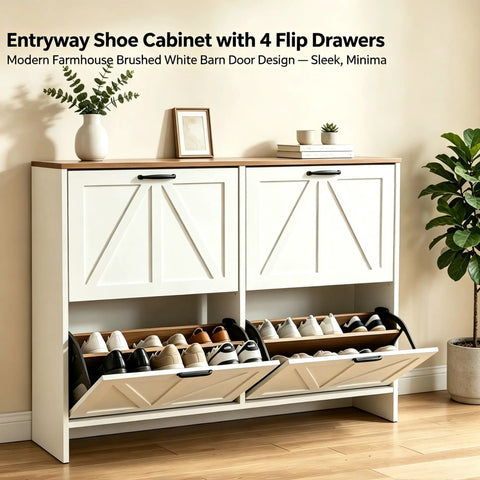 Sleek Barn Door Shoe Cabinet With Four Flip Drawers And Three Adjustable Shelves Ultra Slim Freestanding Modern Rustic White Finish in entryway.