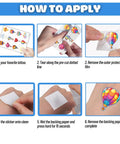 Illustrated application guide for Hot Air Balloon Themed Temporary Tattoos Set For Kids 96 Pcs Pre Cut Stickers.