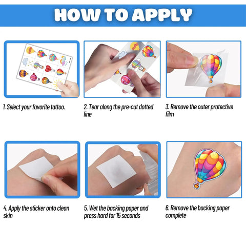 Illustrated application guide for Hot Air Balloon Themed Temporary Tattoos Set For Kids 96 Pcs Pre Cut Stickers.