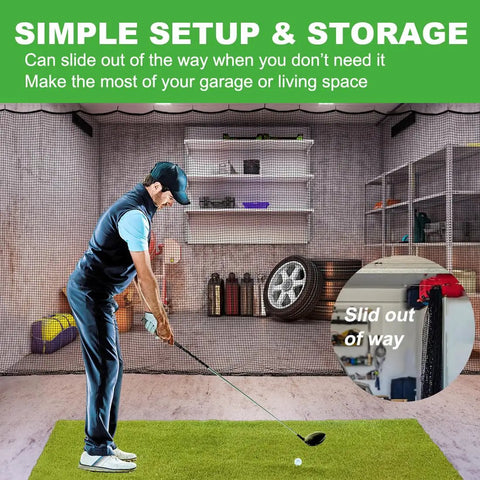 Indoor setup of 12x12 Ft Golf Practice Netting With Thick Border For Backyard And Garage, golfer swinging in garage space