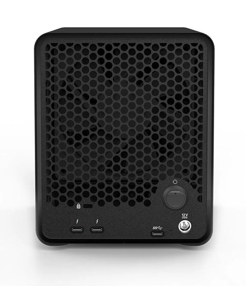 Heavy Duty Five Bay External Hard Drive Enclosure Featuring Thunderbolt 3 And Usb 3 0 Ports For Dead Simple Plug And Play Beyond Raid Storage That Really Shreds With Up To 64 Tb Capacity, front view with ventilation and ports.