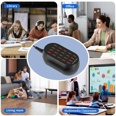 Dope 20 Port USB Charging Station With 100W Total Power Multi Device hub in library, office, living room, and classroom settings.