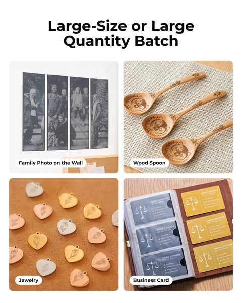 Family photo, engraved wooden spoons, heart-shaped jewelry, and engraved business cards displayed in a batch setup.
