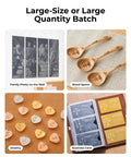 Image of product examples including a family photo wall display, engraved wood spoons, jewelry pieces, and business cards.