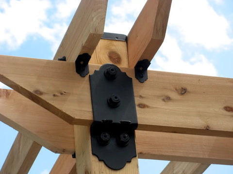 Ten Pack 2 Inch Decorative Angle Rafter Clips With Sunset Powder Coated Finish For Pergola Deck And Fence Top Shelf Builder Hardware To Hog Tie Your Beams Dead Nuts Solid So You Save Real Cash And Sweat connecting wooden beams.