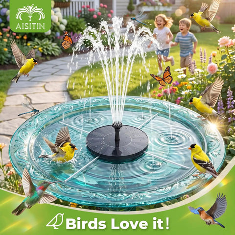 Solar Bird Bath Fountain With Six Nozzles Floating Water Pump Powered By Sun for outdoor decor with birds and butterflies