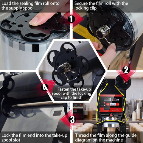 Step-by-step guide for setting up Fully Automatic Electric Cup Sealer With LCD Control Panel for bubble tea and coffee cups.